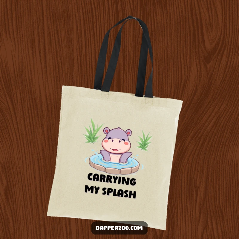 Funny Kawaii hippo character happily splashing in water on a reusable tote bag, symbolizing pure joy and carefree moments.