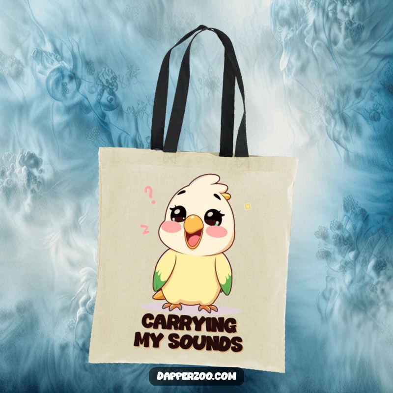 Funny Kawaii parrot character mimicking a sound on a reusable tote bag, symbolizing a love for vocal comedy and playful expression.