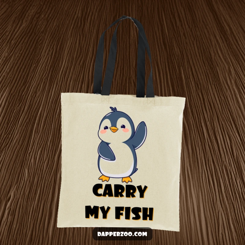 Funny kawaii penguin tote bag with a cute penguin comically waddling with flippers in the air, a humorous and practical accessory.