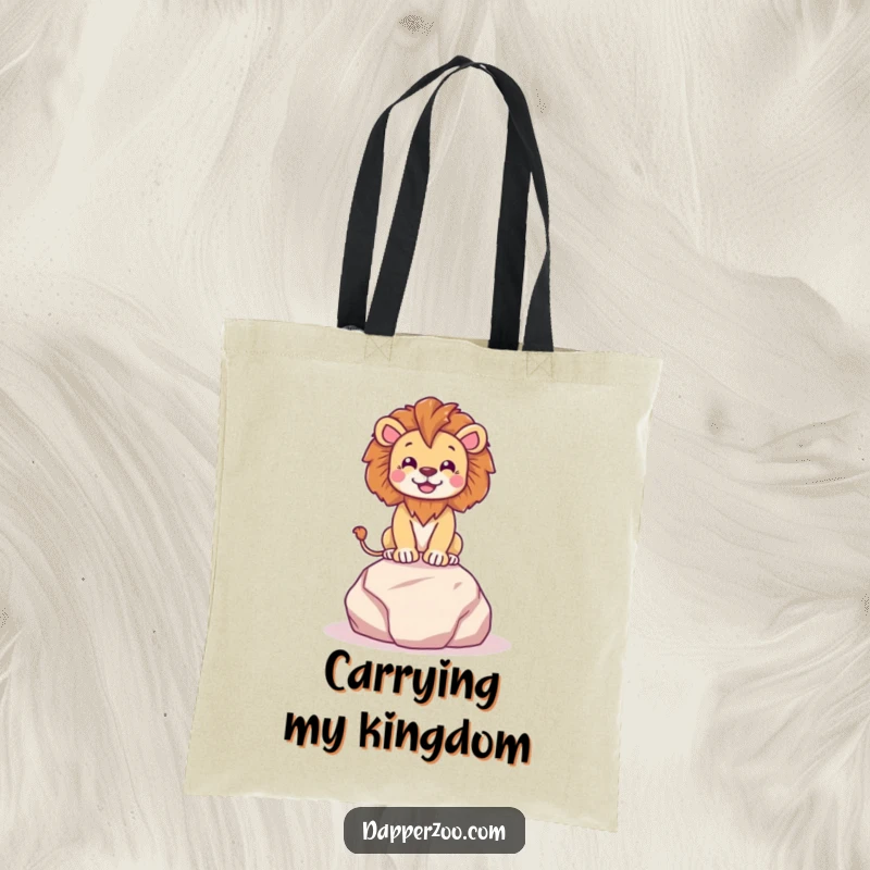 Funny lion character dramatically posing on a tiny plush rock with regal flair, carried in a humorous tote bag.
