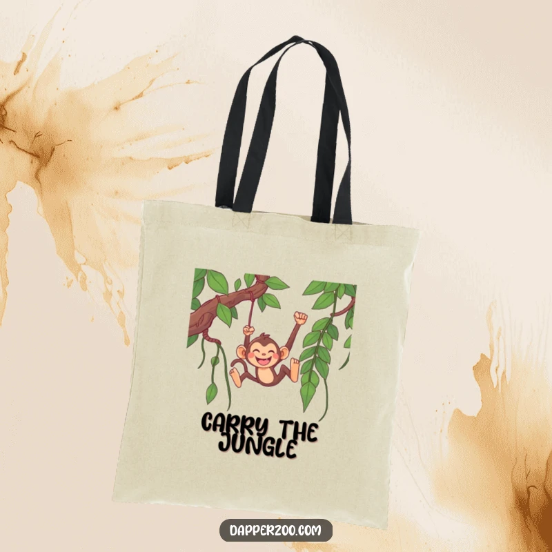 Funny monkey tote bag showing a happy monkey character gleefully swinging from a long jungle vine, grinning with excitement.