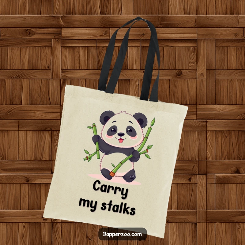 Funny panda tote bag showing a fluffy panda character trying to juggle bamboo stalks with clumsy delight, perfect for carrying items.