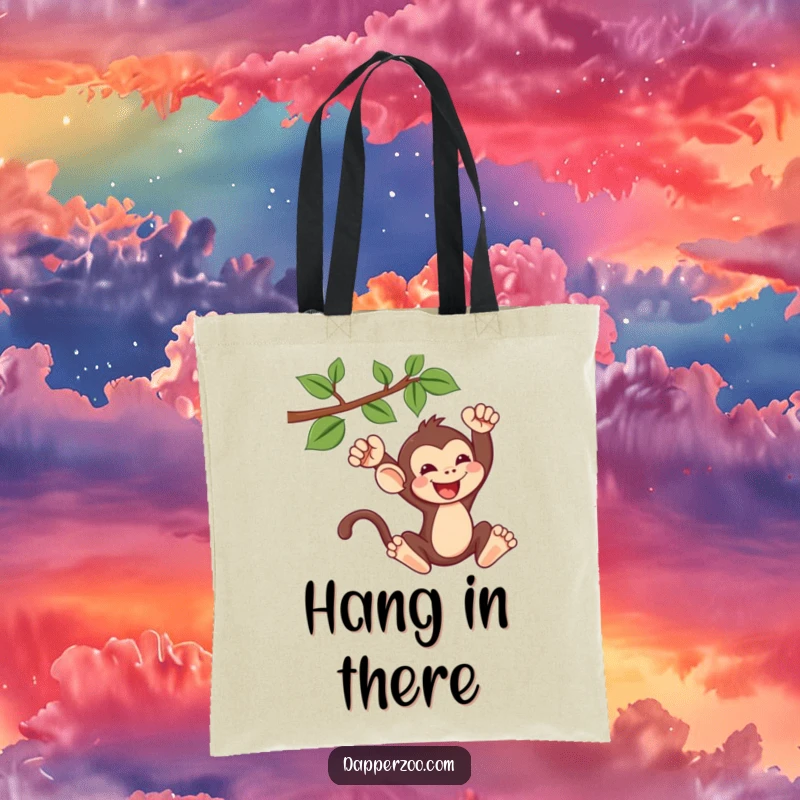 Funny kawaii monkey tote bag with a cute monkey gleefully swinging from a vine, a humorous and practical accessory.