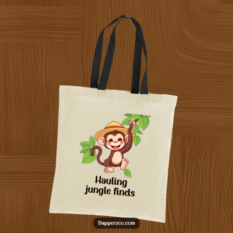 Funny monkey tote bag, wearing a tiny oversized safari hat, grinning and swinging from a vine, a humorous jungle-themed accessory.